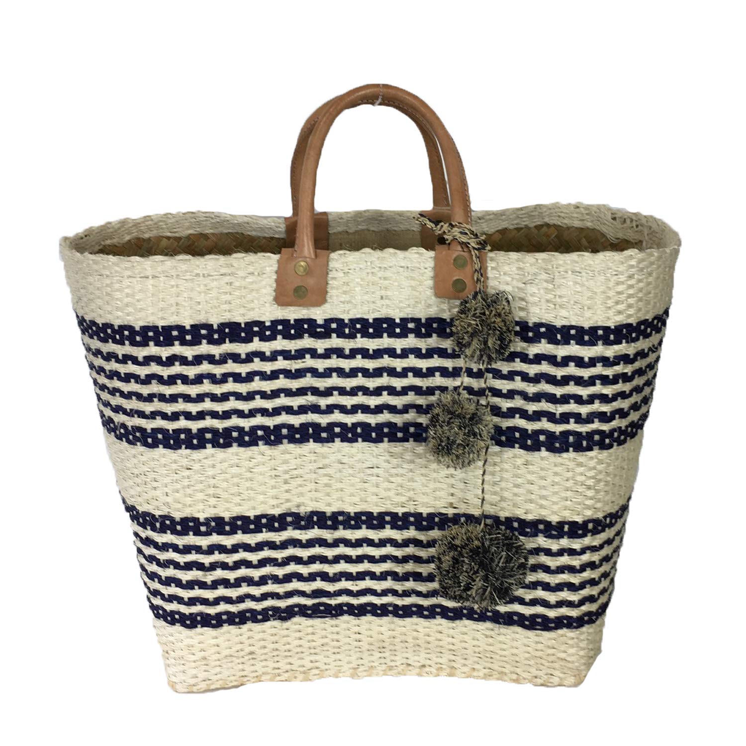 Mar Y Sol Caracas Striped Market Tote Bag Pom Pom, Natural Navy