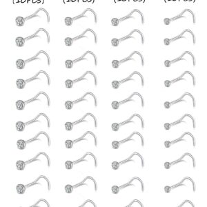 Tornito 20G 40Pcs Stainless Steel Curved Nose Stud Nose Ring CZ L Bone Screw Shaped Nose Screw Piercing Jewelry for Women Men