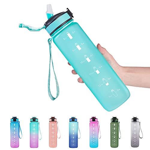 EYQ 32 oz Water Bottle with Time Marker, Carry Strap, Leak-Proof Tritan BPA-Free, Ensure You Drink Enough Water for Fitness, Gym, Camping, Outdoor Sports (Mint Green)