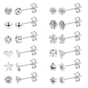 loyallook 12 pairs earrings for women studs set dainty surgical steel earrings tiny cz flower heart star ball silver stud earrings for women