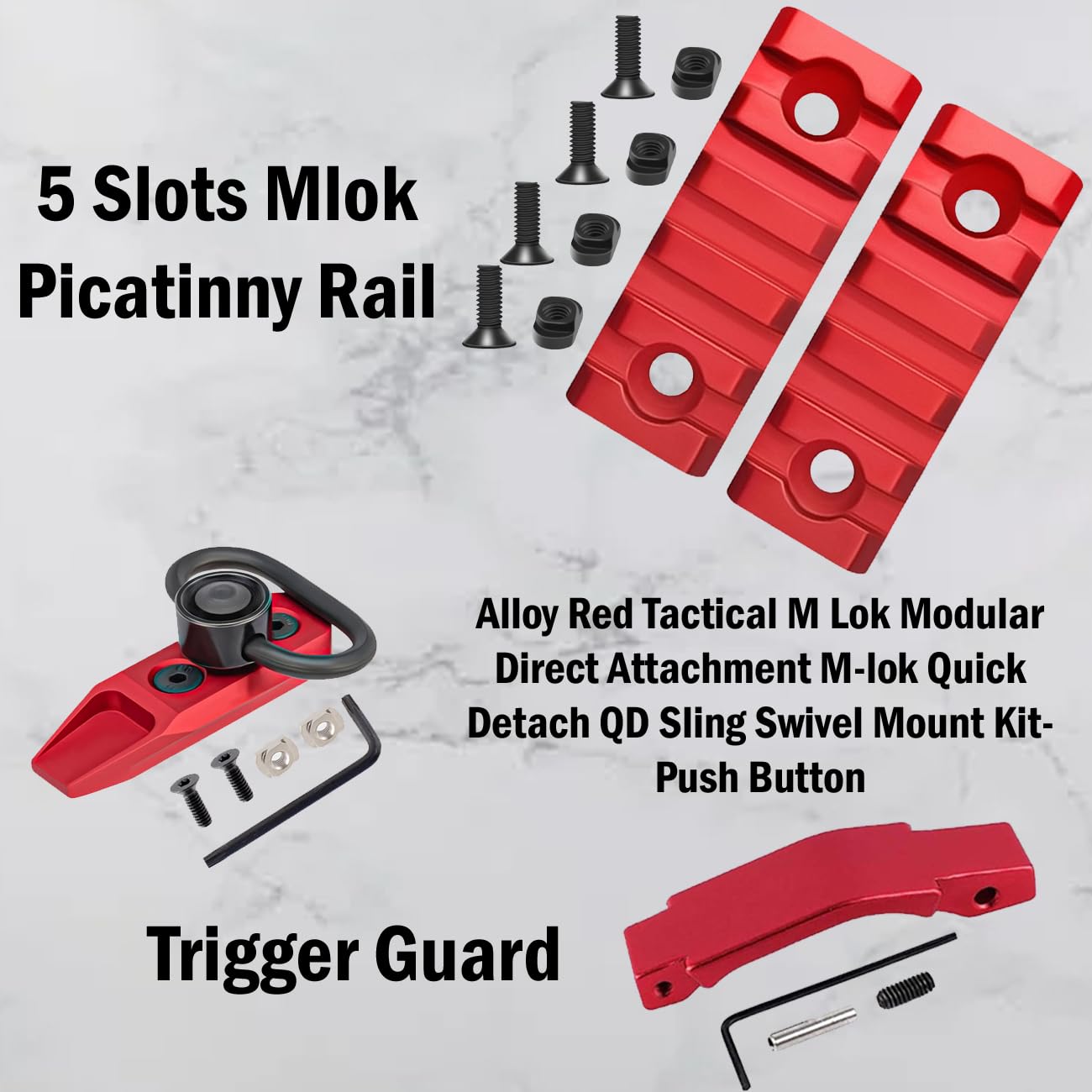 Combo of 5 Slots Mloc Picatinny Rail With Trigger Guard And QD Kit Push Button