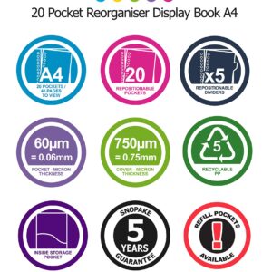 Snopake Eligo A4 ReOrganiser Display Book with Dividers & Index Tabs [Pack of 2] 20 Pockets/40 Sides to View Ref: 15863,Black