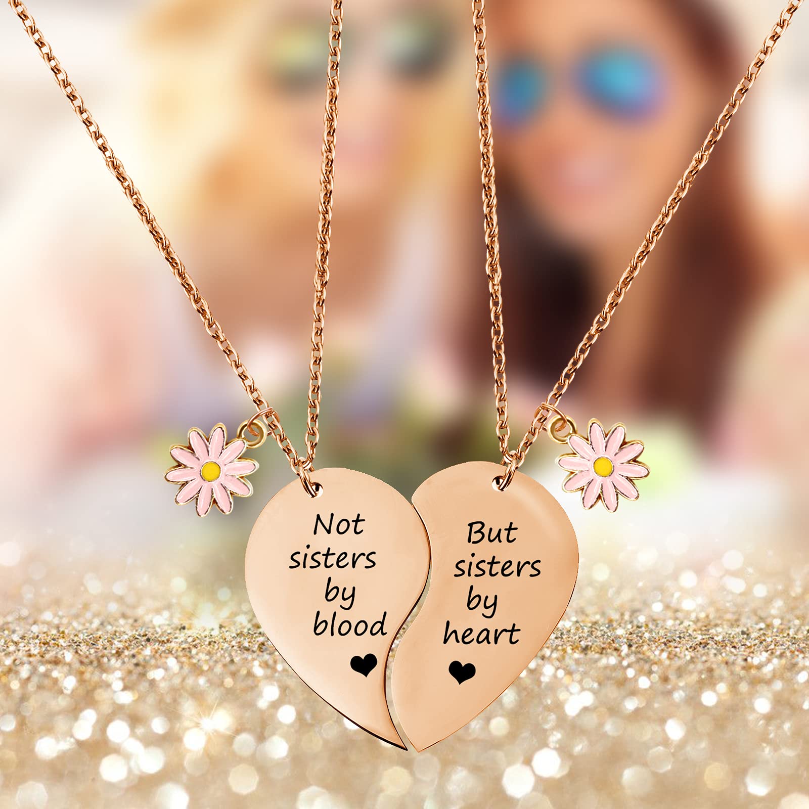 MJartoria BFF Necklace for 2-Split Heart Necklace Not Sisters by Blood Pendant Best Friend Friendship Necklace Set of 2 Valentines Day Gifts for Her(Rose Gold, A-Daisy)