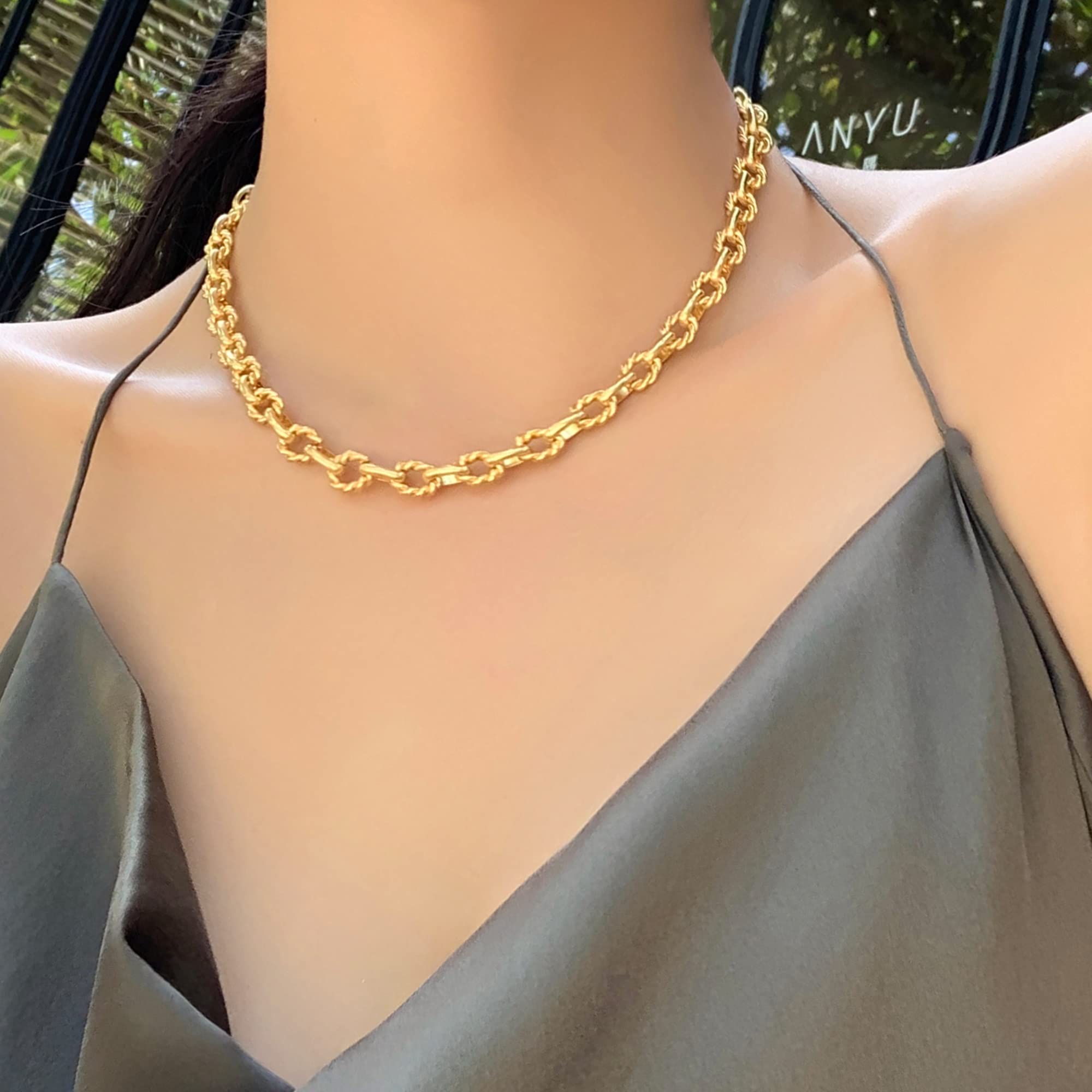 ACC PLANET Statement 14k Gold Plated 4mm Thick Oval Chain Link Choker Toggle Necklaces Chunky Gold Jewelry for Women Gift