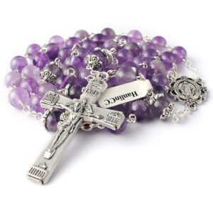 HanlinCC 8mm Natural Real Amethyst Crystal 5 Dacade Fancy Miraculous Center Piece Rosary Necklace with Anti-Silver Catholic Crucifix Pack in Leather Gift Box