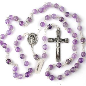 HanlinCC 8mm Natural Real Amethyst Crystal 5 Dacade Fancy Miraculous Center Piece Rosary Necklace with Anti-Silver Catholic Crucifix Pack in Leather Gift Box