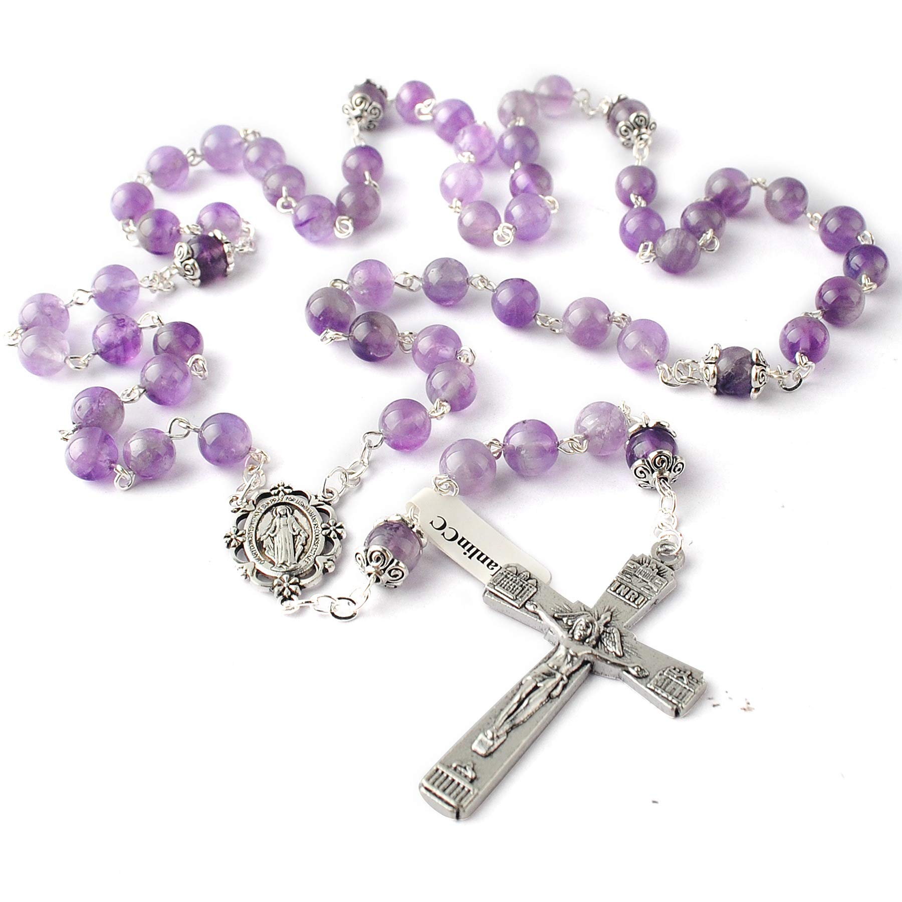 HanlinCC 8mm Natural Real Amethyst Crystal 5 Dacade Fancy Miraculous Center Piece Rosary Necklace with Anti-Silver Catholic Crucifix Pack in Leather Gift Box