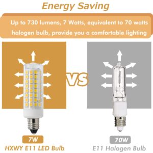 HXWY E11 LED Bulb, Mini Candelabra Base, Omni-Directional 7W 730LM 120V E11 Indoor Lighting Bulb Replaces T3/T4 JD E11 Warm White 3000K(Pack of 4)