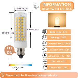 HXWY E11 LED Bulb, Mini Candelabra Base, Omni-Directional 7W 730LM 120V E11 Indoor Lighting Bulb Replaces T3/T4 JD E11 Warm White 3000K(Pack of 4)