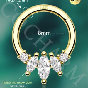 COCHARM 14K Gold Septum Rings 14K Yellow Gold Septum Piercing Jewelry 16g Septum Clicker 14kt Real Gold Daith Earrings Solid Gold Daith Piercing 8mm 14K Gold Daith Jewelry for Women Men