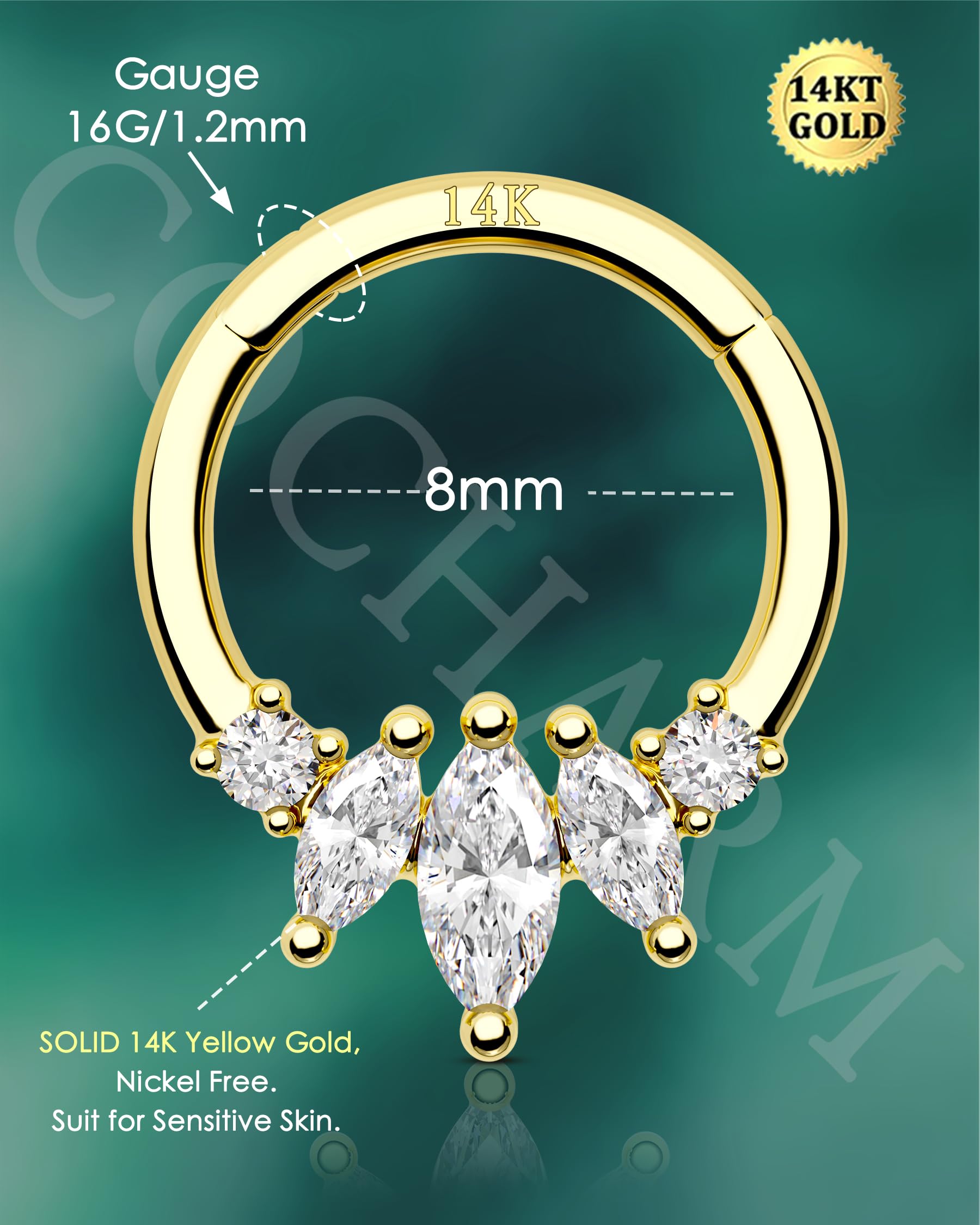 COCHARM 14K Gold Septum Rings 14K Yellow Gold Septum Piercing Jewelry 16g Septum Clicker 14kt Real Gold Daith Earrings Solid Gold Daith Piercing 8mm 14K Gold Daith Jewelry for Women Men