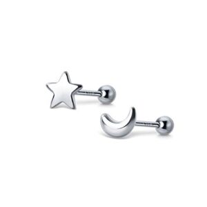 Minimalist Moon Star Cartilage Stud Earrings S925 Sterling Silver Fashion Small Tiny Earring Studs Asymmetrical Tragus Screw Back Ear Piercing for Women … (Silver)