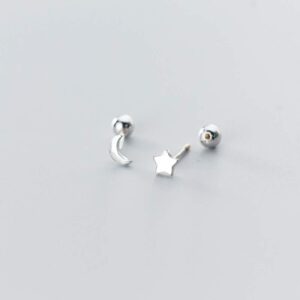 Minimalist Moon Star Cartilage Stud Earrings S925 Sterling Silver Fashion Small Tiny Earring Studs Asymmetrical Tragus Screw Back Ear Piercing for Women … (Silver)