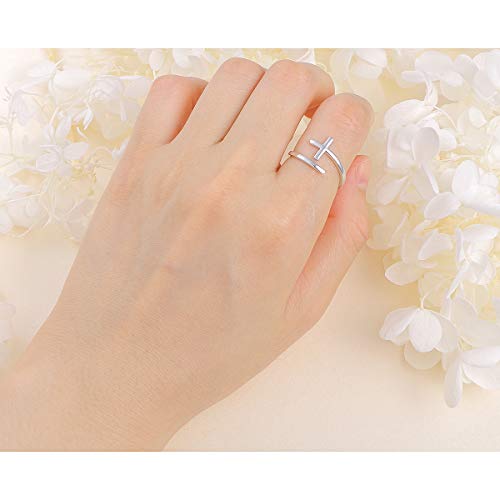 DAOCHONG Simple Cross Ring Sterling Silver Adjustable Cross Wrap Open Ring for Women Daughter Girlfriend Easter Gift, Size 6