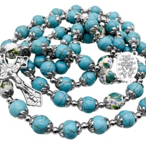 Nazareth Store Catholic Turquoise Marble Beads Rosary Flowers Beaded Necklace Miraculous Medal Cross Crucifix Silver Tone Rosaries in Velvet Bag