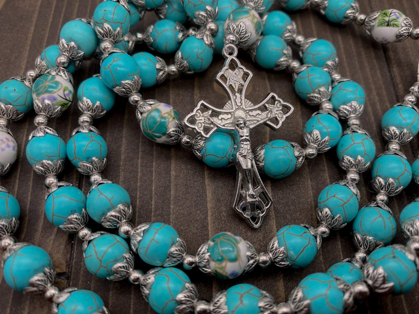 Nazareth Store Catholic Turquoise Marble Beads Rosary Flowers Beaded Necklace Miraculous Medal Cross Crucifix Silver Tone Rosaries in Velvet Bag