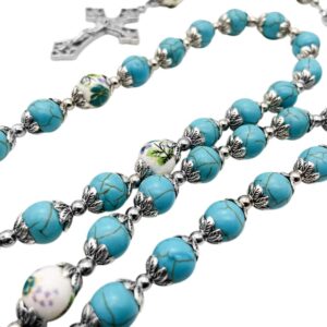 Nazareth Store Catholic Turquoise Marble Beads Rosary Flowers Beaded Necklace Miraculous Medal Cross Crucifix Silver Tone Rosaries in Velvet Bag