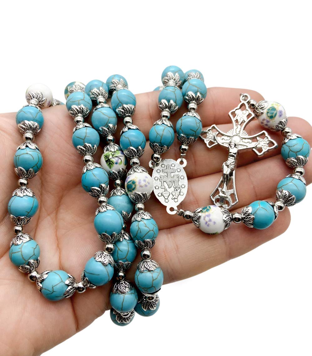 Nazareth Store Catholic Turquoise Marble Beads Rosary Flowers Beaded Necklace Miraculous Medal Cross Crucifix Silver Tone Rosaries in Velvet Bag