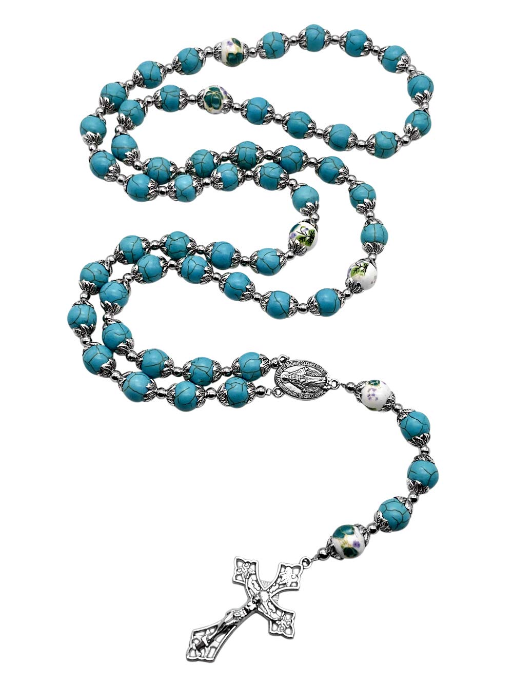 Nazareth Store Catholic Turquoise Marble Beads Rosary Flowers Beaded Necklace Miraculous Medal Cross Crucifix Silver Tone Rosaries in Velvet Bag