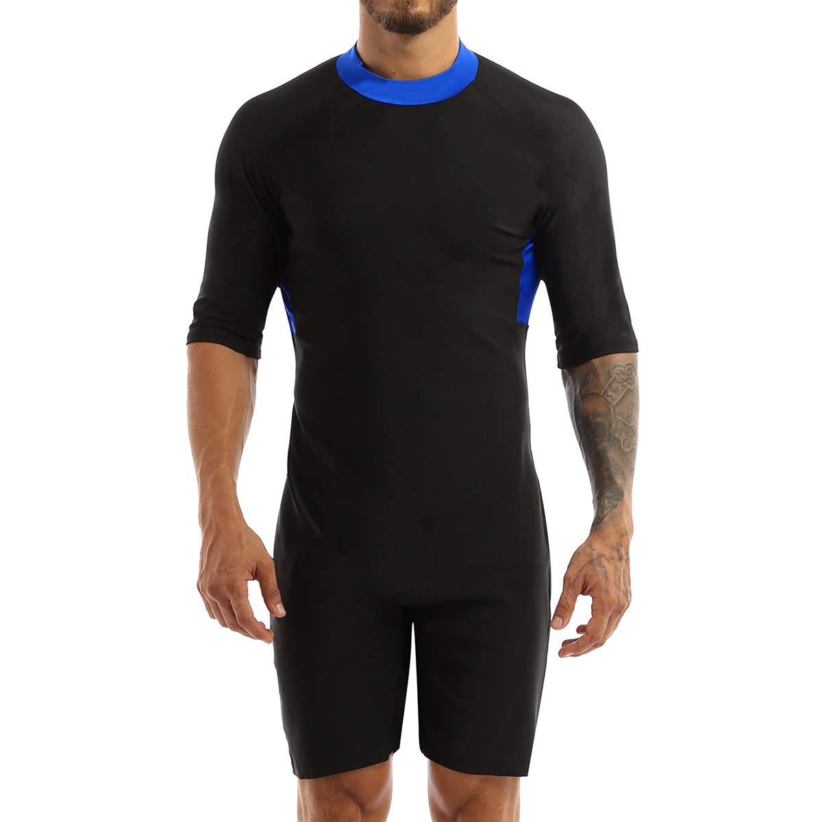 TiaoBug Wetsuit Men's One Piece Round Neck Half Sleeves Scuba Diving Surfing Snorkeling Swimming Royal_Blue Large