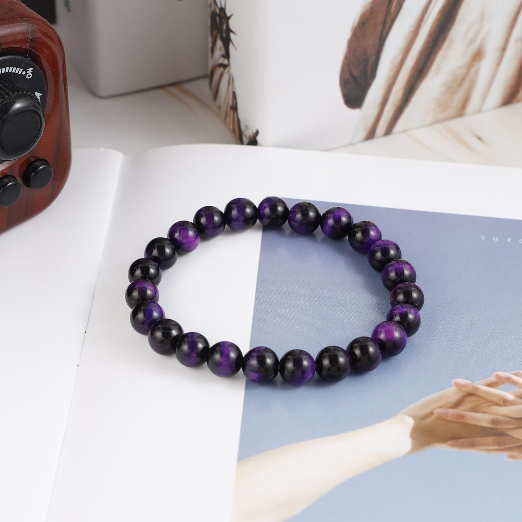 MILAKOO 8mm Natural Stone Bracelet Yoga Semi-Precious Beads Tiger Eye Bracelet Purple Color