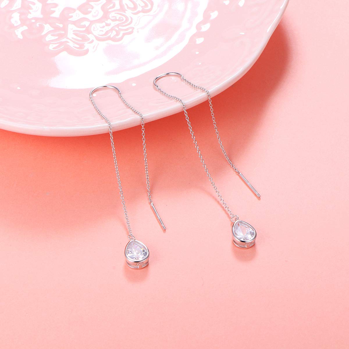 Threader Earrings 925 Sterling Silver Teardrop Earrings Droplet Jewelry Drop Dangle Long Charm Earrings for Women Birthday Gifts (Threader Earrings CZ)