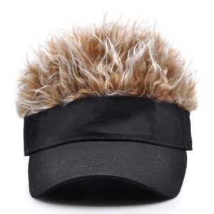 Novelty Visor Cap Adjustable Visor Hat with Spiked Wigs Fake Hair Visor for Adults (Canvas and Polyester, Black and Brown)