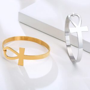 Hisatan Stainless Steel Egyptian Ankh Cross Key of Life Open Cuff Bangle Bracelet for Women,2 Color