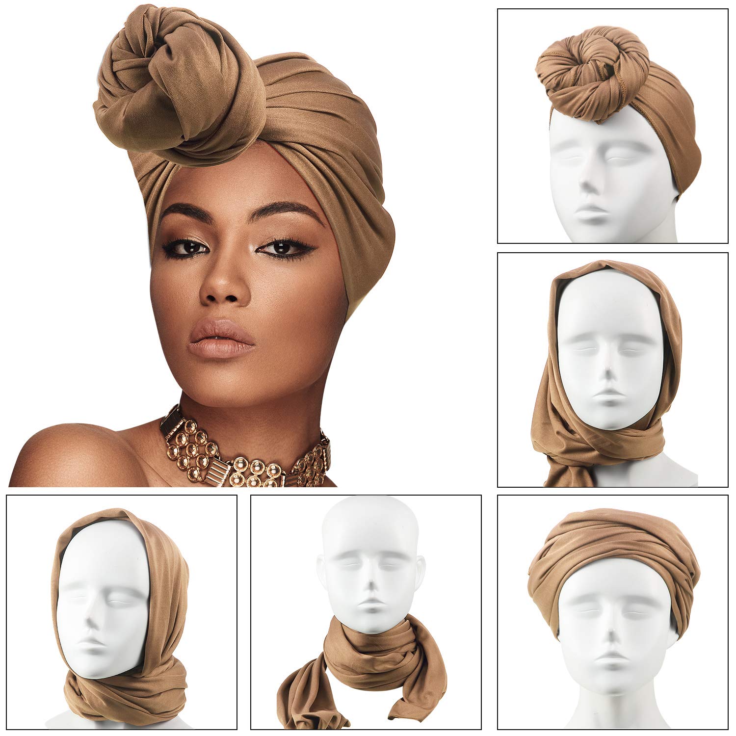 SATINIOR 6 Pcs Head Wrap Scarf Turban Long Hair Scarf Soft Stretch Headwrap Solid Color Turban Tie Headband for Women Girls