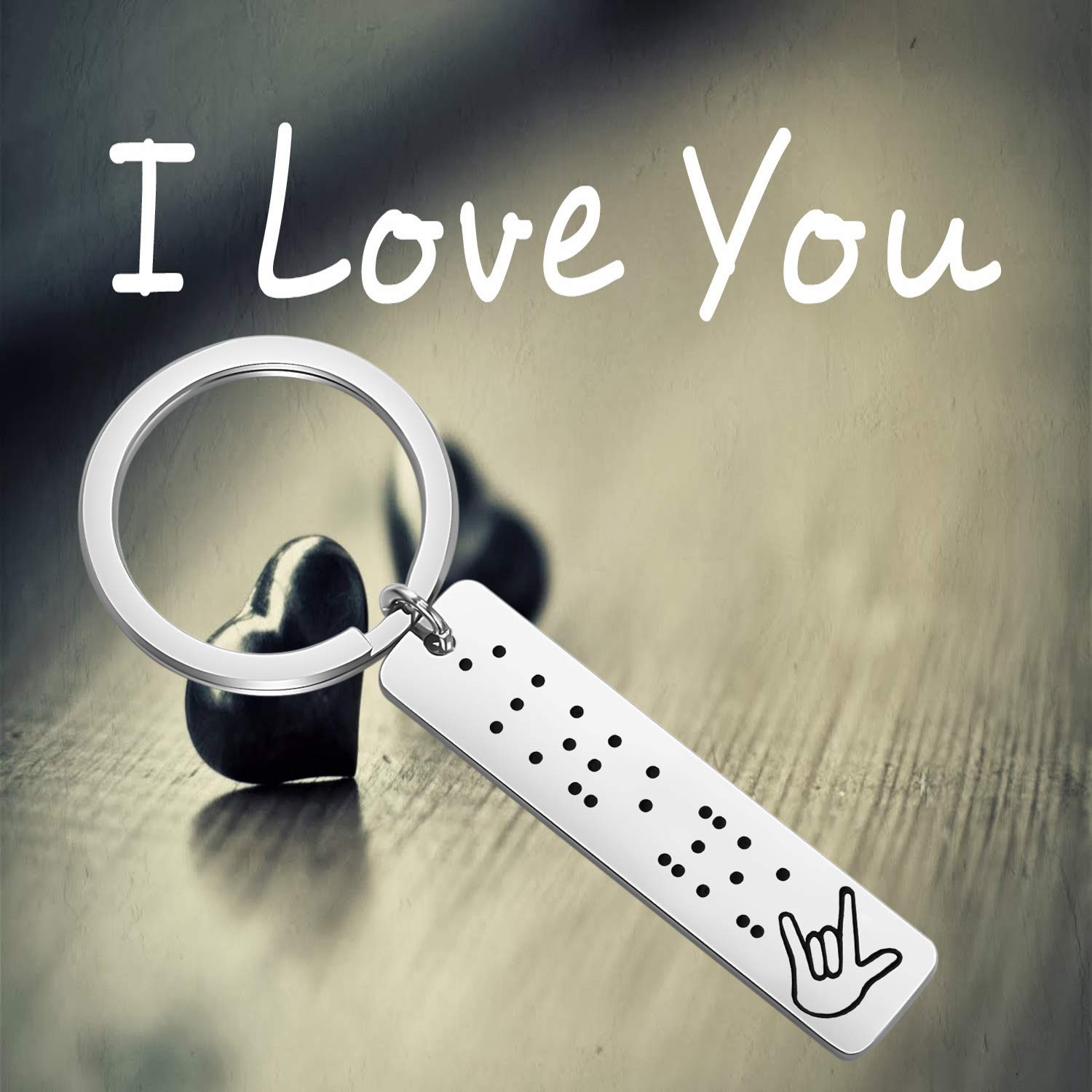 BEKECH ASL Jewelry Gifts I Love You in Braille Engraved Keychain Hand Sign Language Jewelry Gift for Her Him Wife Husband (silver)