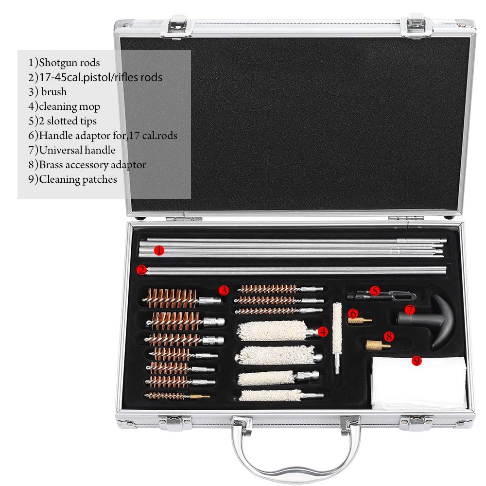 Gun Cleaning Kit, Universal Gun Brushes for Hunting Pistol Rifle Handgun shot for Most Guns with Carrying Case