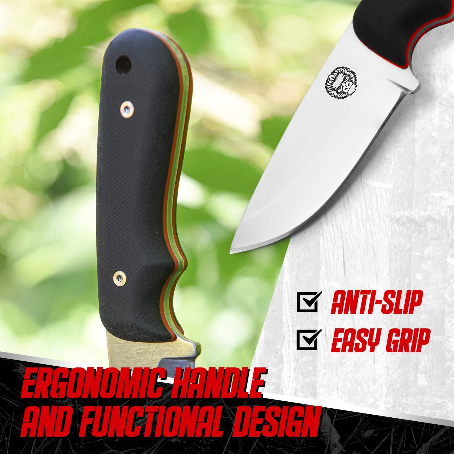 Holtzman's Gorilla Survival 'Redline' Fixed Blade Hunting Knife with Sheath and Ferro Rod