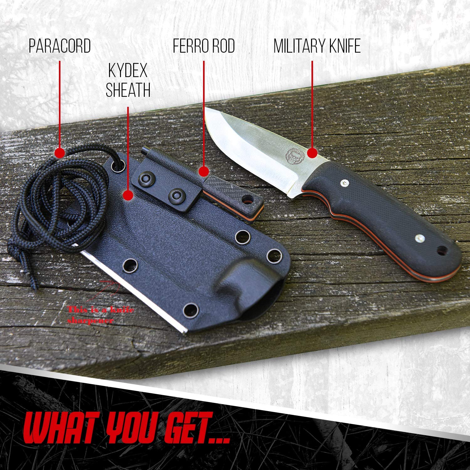 Holtzman's Gorilla Survival 'Redline' Fixed Blade Hunting Knife with Sheath and Ferro Rod