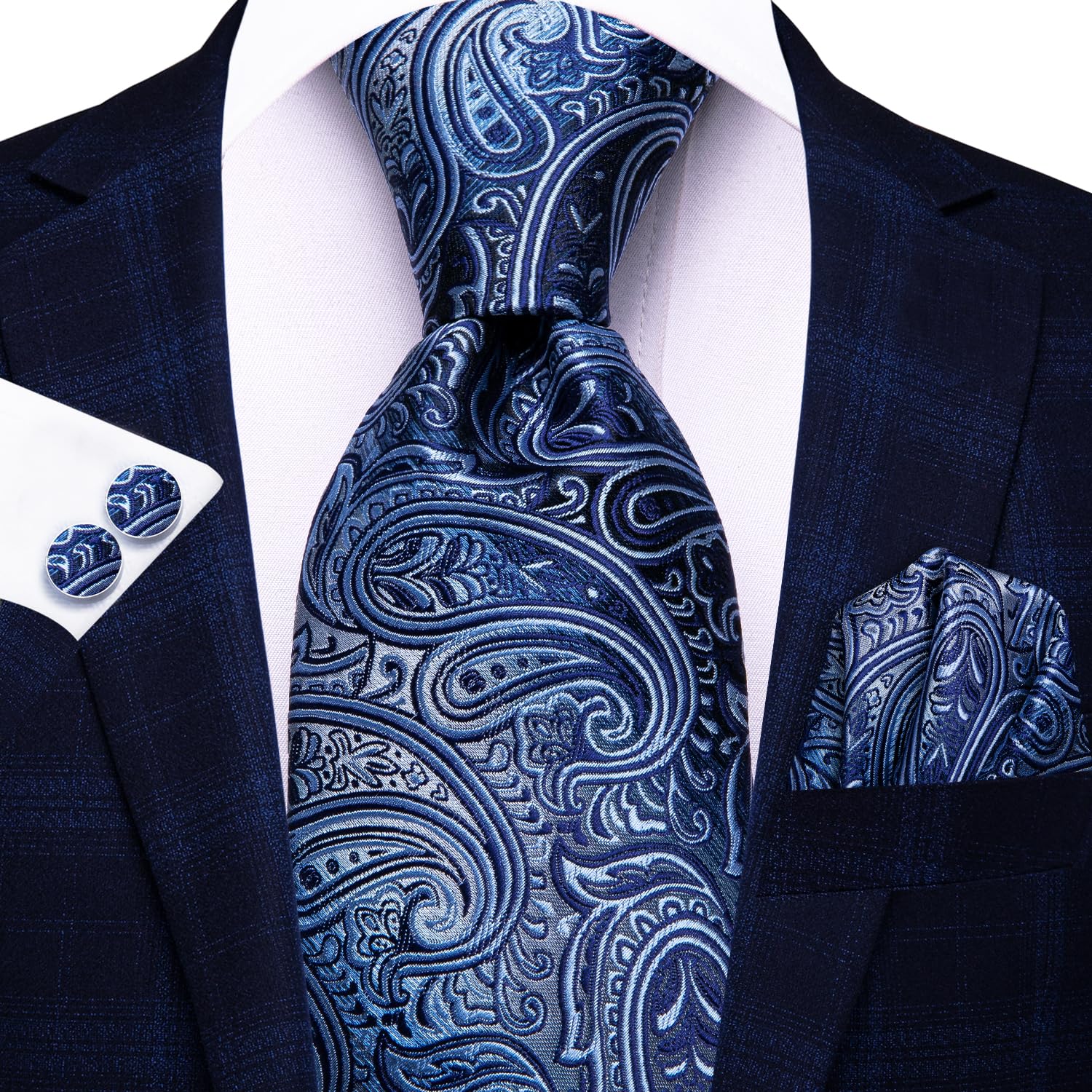 Hi-Tie Silk Paisley Ties for Men Necktie Pocket Square Cufflinks Set Foral Tie Sets Formal Business,Blue