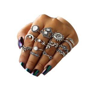 Yokawe Vintage Crystal Rings Set Silver Boho Rhinestone Finger Rings Star Moon Knuckle Ring Gem Joint Ring Stacking Midi Rings Jewelry for Women(14 PCS)