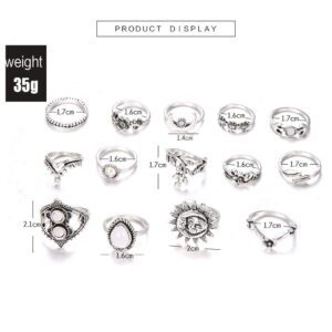 Yokawe Vintage Crystal Rings Set Silver Boho Rhinestone Finger Rings Star Moon Knuckle Ring Gem Joint Ring Stacking Midi Rings Jewelry for Women(14 PCS)