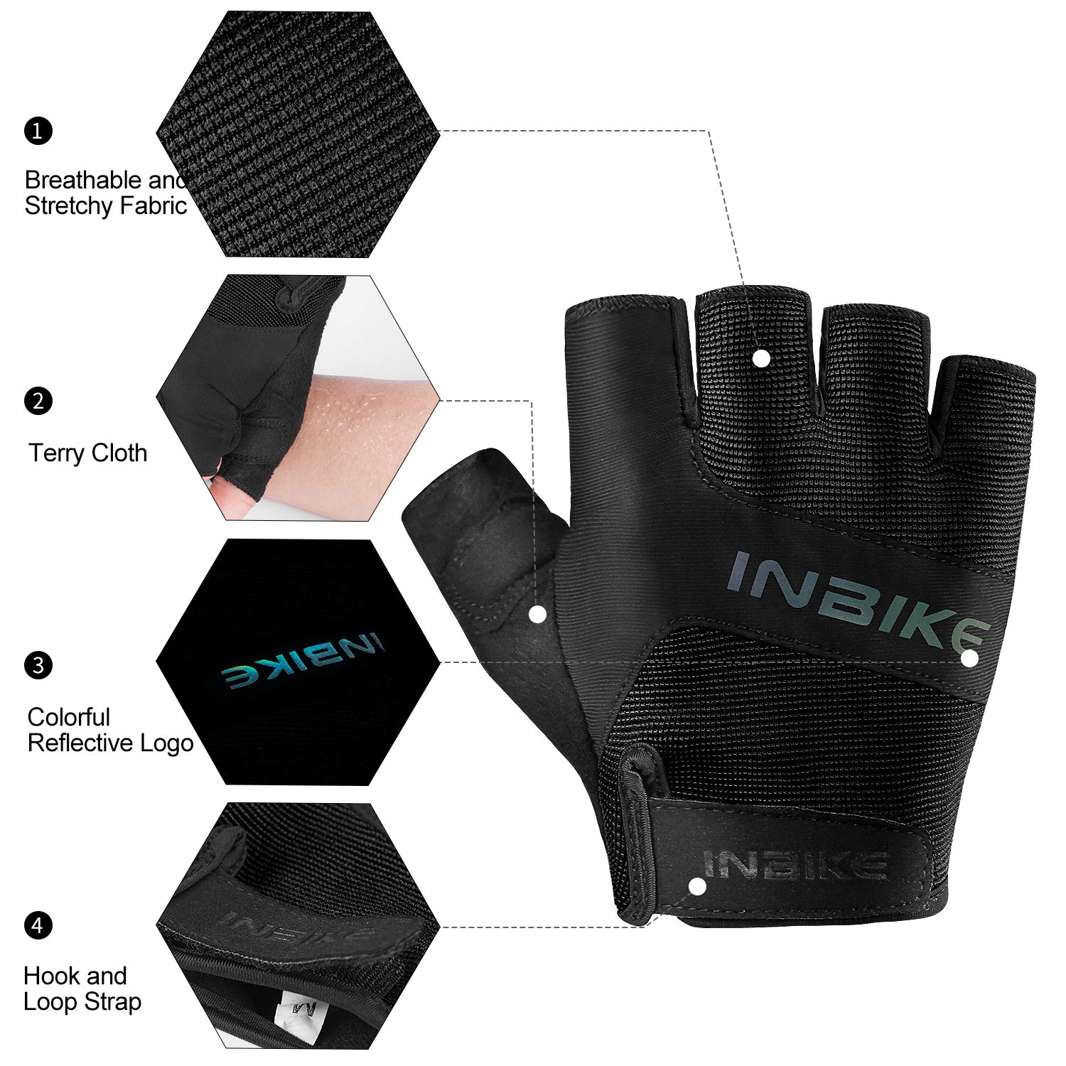 INBIKE 3MM EVA Pad Breathable Fingerless Cycling Gloves Reflective Lightweight Biking Gloves for Men Women Black XX-Large