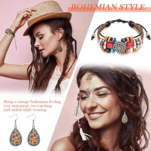 6 Pairs Bohemian Vintage Dangle Earrings Boho Retro Rhinestone Drop Earrings and 2 Pieces Vintage Bohemia Beaded Bracelet Jewelry Multi-layer Woven Bracelet