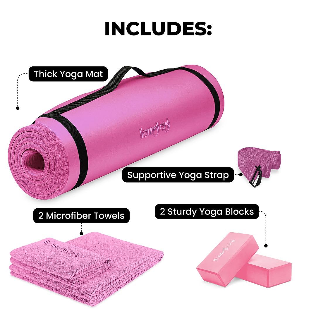 HemingWeigh pink yoga mat set, yoga kit, 1/2 Inch Thick yoga mat pink style with pink accessories