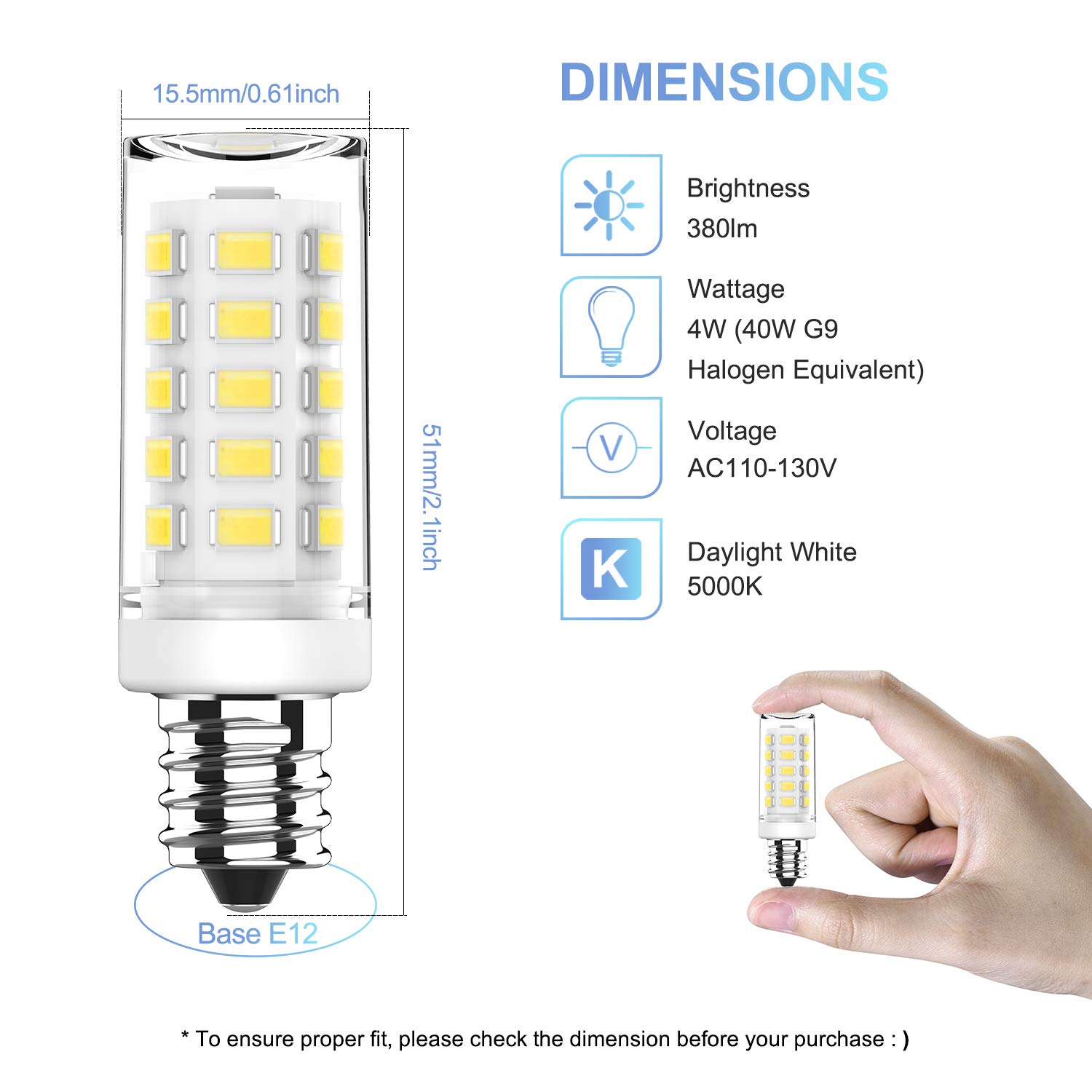 KLG E12 LED Candelabra Bulb 4W Equivalent to 40W T3/T4 E12 Candelabra Base Bulbs, Daylight White 5000K for Ceiling Fan, Chandelier AC120V, Not Dimmable 6 Pack