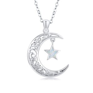 trishula moon necklace for women, 925 sterling silver crescent star pendant with opal star sparkling crescent moon jewelry gift for women teens birthday christmas graduation