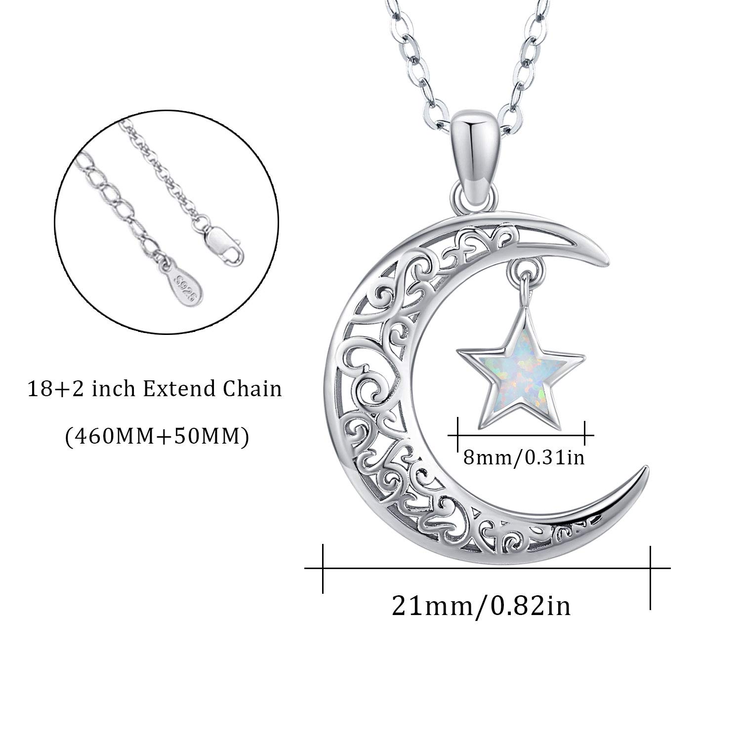 TRISHULA Moon Necklace for Women, 925 Sterling Silver Crescent Star Pendant with Opal Star Sparkling Crescent Moon Jewelry Gift for Women Teens Birthday Christmas Graduation