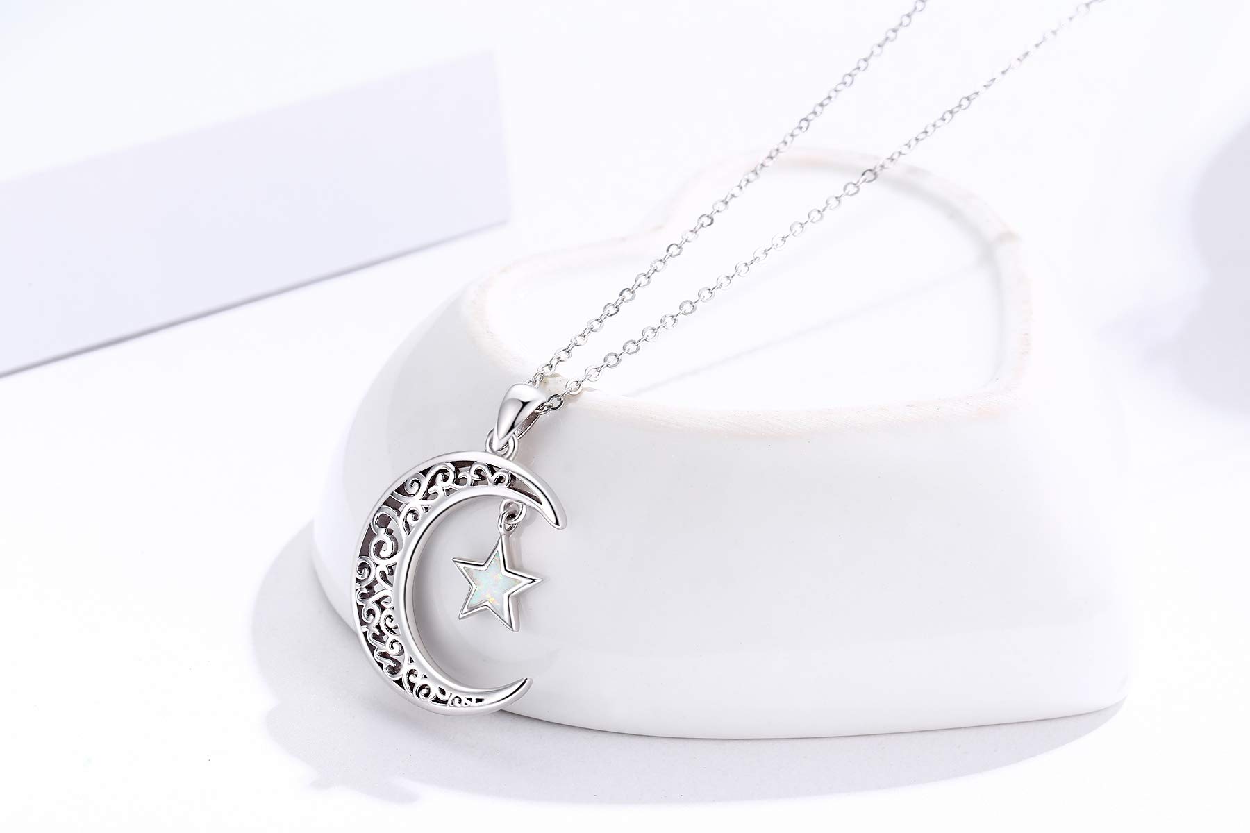 TRISHULA Moon Necklace for Women, 925 Sterling Silver Crescent Star Pendant with Opal Star Sparkling Crescent Moon Jewelry Gift for Women Teens Birthday Christmas Graduation