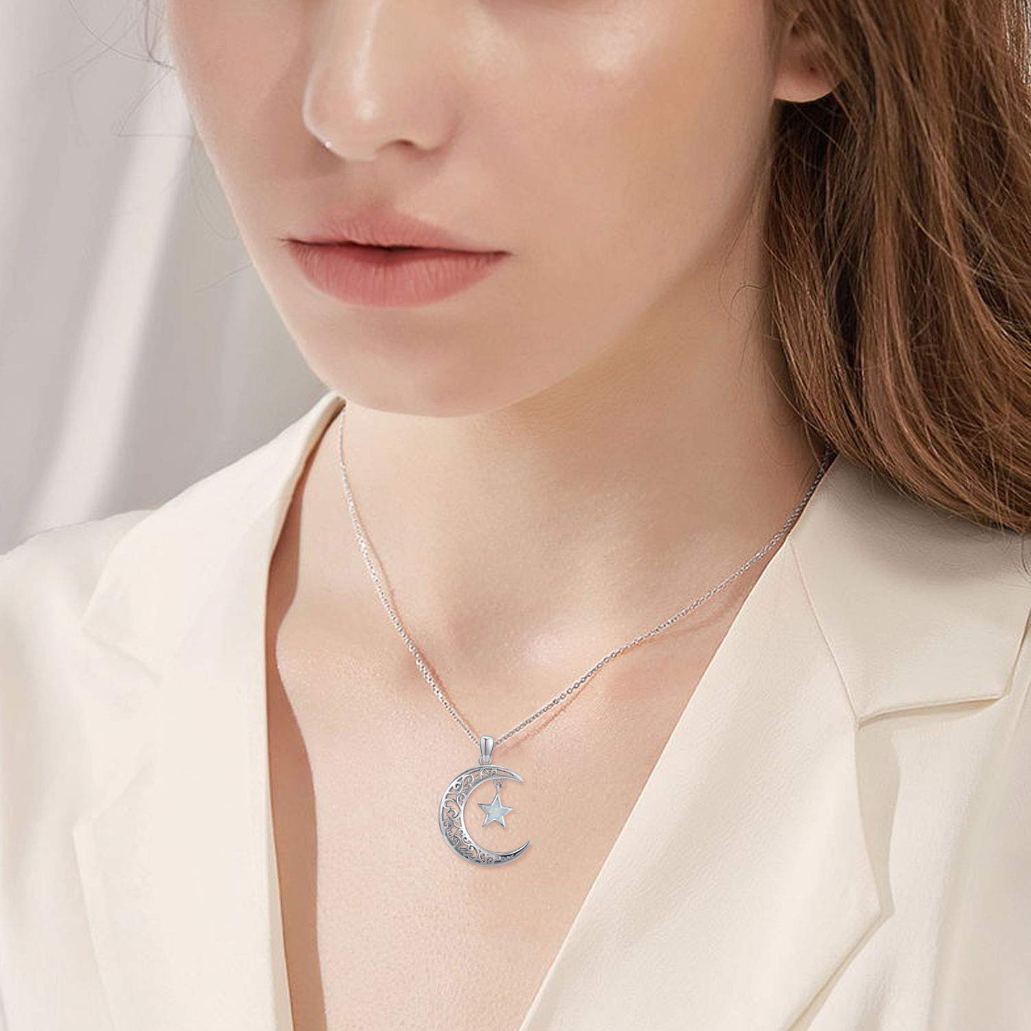 TRISHULA Moon Necklace for Women, 925 Sterling Silver Crescent Star Pendant with Opal Star Sparkling Crescent Moon Jewelry Gift for Women Teens Birthday Christmas Graduation