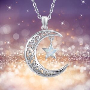 TRISHULA Moon Necklace for Women, 925 Sterling Silver Crescent Star Pendant with Opal Star Sparkling Crescent Moon Jewelry Gift for Women Teens Birthday Christmas Graduation