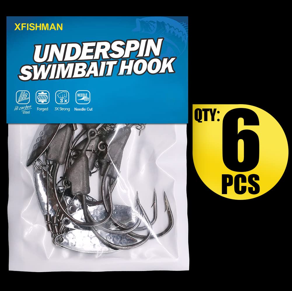 Underspin-Jig-Heads-Swimbait-Hooks-with-Spinner Blades Weighted Fishing Hooks 6 Pack (Silver, Size 3/0,3/16oz 5.4g, 6-pack)