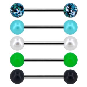 COCHARM Black Green Flower Tongue Rings 14g Unique Floral Tongue Barbells Pearl Tongue Bar Tongue Piercing Jewelry Hypoallergenic