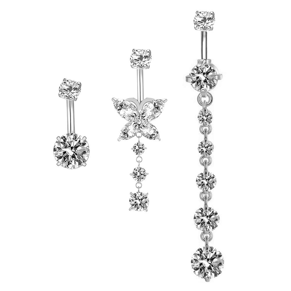 HQLA 14G Dangle Belly Button Rings butterfly/Round Clear CZ Navel Curved Barbell Studs Surgical Steel Sexy Body Piercing 3 Pcs A Set (Steel)