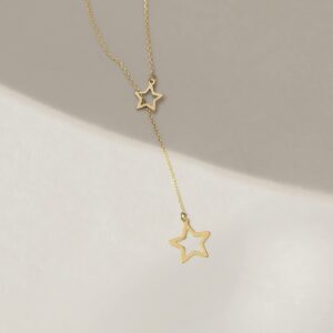 GELIN Star Pendant Y Necklace in 14k Solid Gold Lariat Necklaces for Women