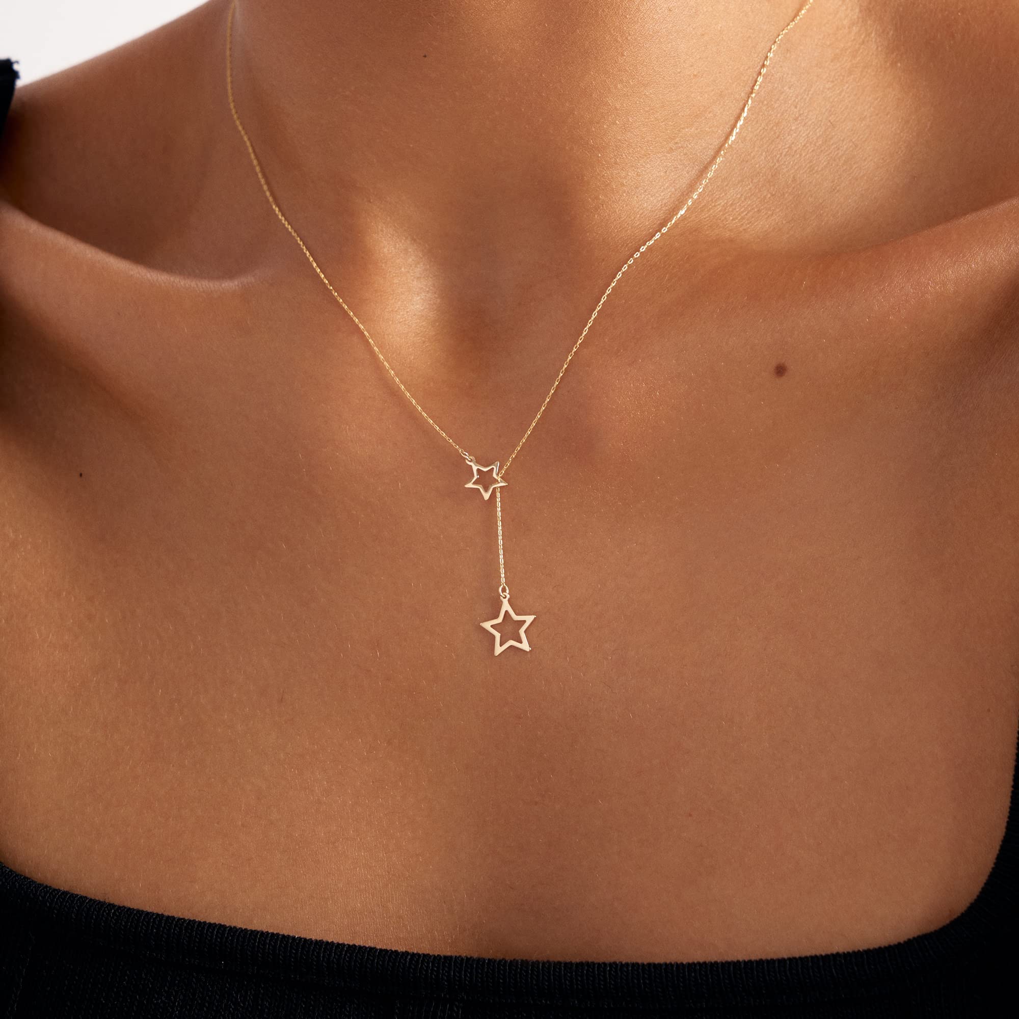 GELIN Star Pendant Y Necklace in 14k Solid Gold Lariat Necklaces for Women